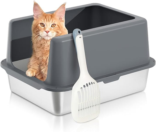 Stainless Steel cat Litter Box, Covered Metal Litter Box, cat Litter Pans with high Sides, Kitty Litter Boxes for Indoor Cats (Non Sticky, Easy to Clean, Anti-Urine Leakage) 17.5" L x 13.5" W x 4" H