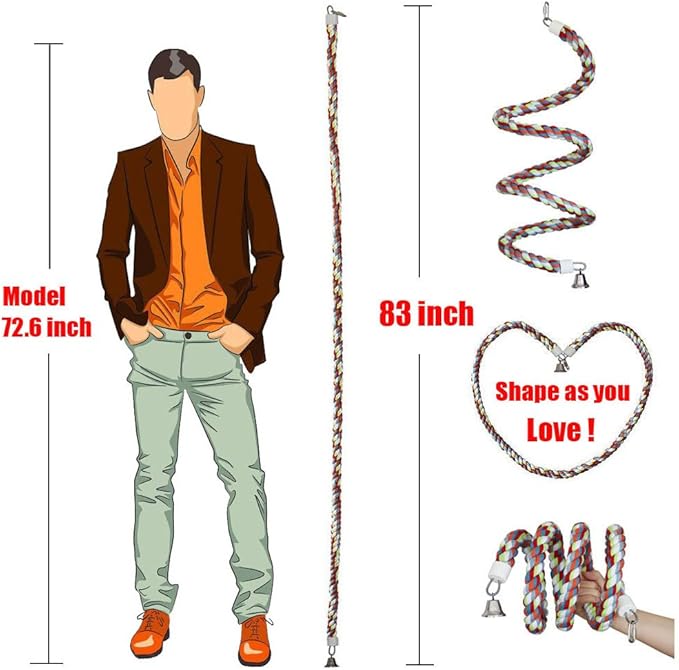 Rope Bungee Perch Bird, 83inch Kintor Pure Natural Colorful Bead Cage Chewing Toys for Small Medium Parrot (83inch)