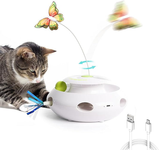 ALL FOR PAWS 3 in 1 Interactive Cat Butterfly Flutter Toy with Rolling Balls, Poping Feather Toy Automatic Kitten Spinner Toys, Mental Stimulation for Indoor Cats, USB Rechargeable Kitty Toys