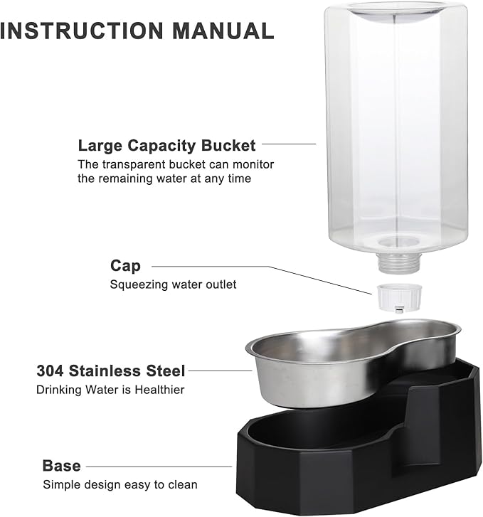 Sfozstra Large Dog Water Dispenser: 8L Automatic Black Water Feeder with Stainless Steel Bowl - Without Filter - Gravity Design for Multiple Pets Indoor/Outdoor
