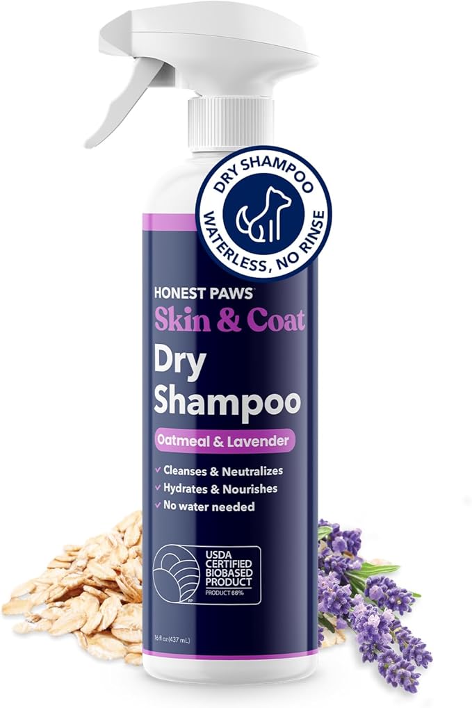 Honest Paws Dog Dry Shampoo - Waterless No Rinse Spray Formula Reducing Itch Cleanse Hydrate Nourish Dry Skin and Smelly Coat Help Decrease Odor Shedding and Allergies - Oatmeal & Lavender - 16 oz