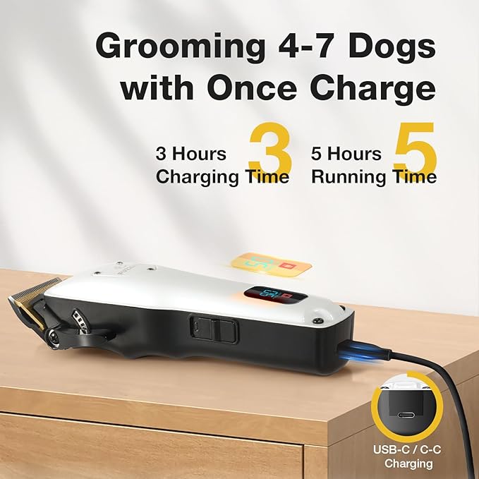 Dog Clippers for Grooming for Thick Heavy Coats, Professional Low Noise Pet Grooming Clippers Supplies Kit Rechargeable Stainless Steel Hair Trimmer with Ceramic Blade for Dogs Cats Animals