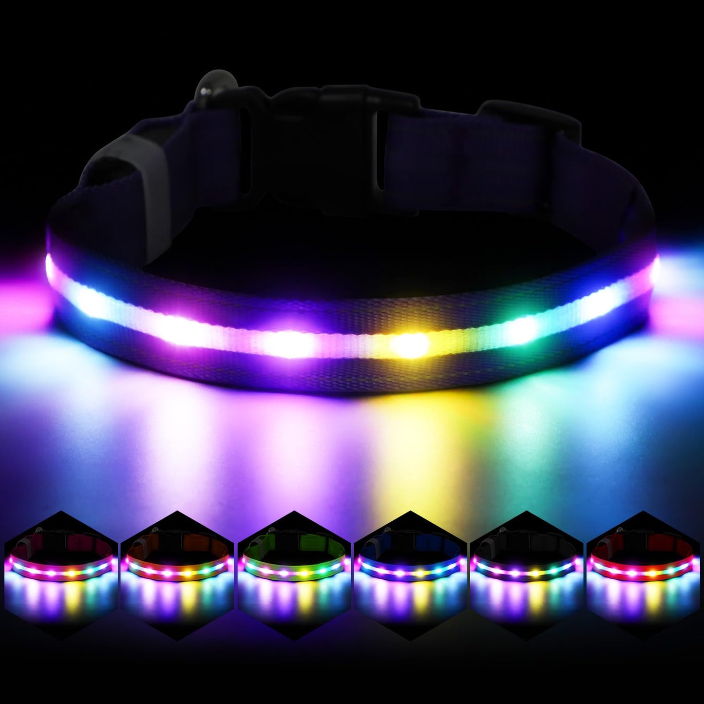Fiveda Light Up Dog Collar, USB Rechargeable 6 Modes, Waterproof Charging Port, Long Lasting LED Collar - Adjustable Nylon Reflective for Dogs, Sizes S/M/L (7/9/11 Lights) -Purple, M