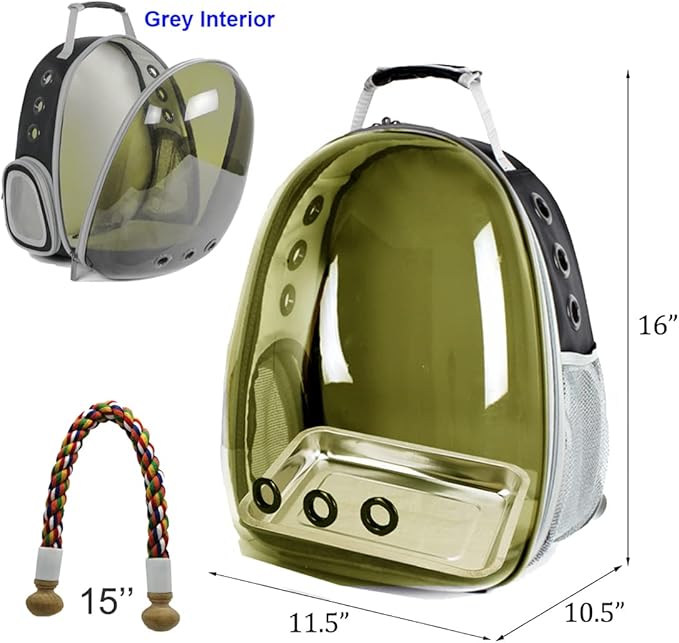 halinfer Bird Traval Carrier Cage, Polarized Tinted Brown Space Capsule Astronaut Backpack to Carry Parakeet Cockatiel Parrot with Metal Tray Wood Perch, Vet Transport Bag