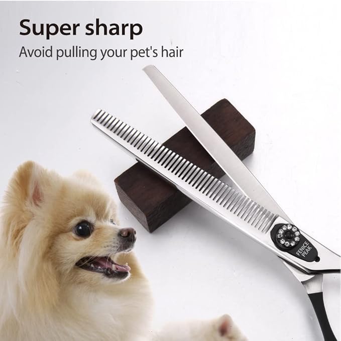 Fenice Peak 7.0'' Dog Thinning Scissors For Grooming 440C Stainless Steel Black Non-Slip Handle Sharp Blades Professional Pet Trimming Scissors for Cats Thinning Rate 35%