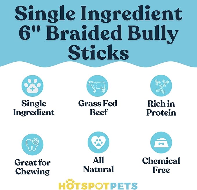 hotspot pets Braided Bully Sticks for Dogs -6 Inch Stix (20 Pack) Premium All Natural Long Lasting, Low Odor, Twisted Beef Pizzle Dog Chew Treats - Grain Free Fully Digestible Rawhide Alternative