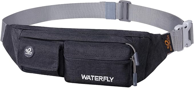 WATERFLY Fanny Pack for Women Men Water Resistant Small Waist Pouch Slim Belt Bag with 4 Pockets for Running Travelling Hiking Walking Lightweight Crossbody Chest Bag Fit All Phones…