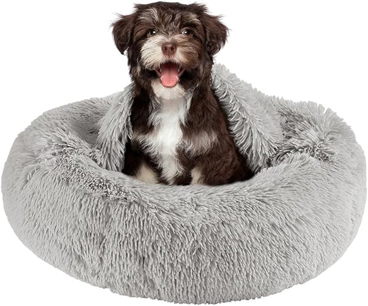 Friends Forever Luna Donut Cat Bed Cave, Soft Faux Fur Hooded Blanket Dog Couch For Indoor Pet, Fluffy Calming Plush Shag, Cozy Round Cushion, Machine Washable Cuddler, Self Warming, Grey