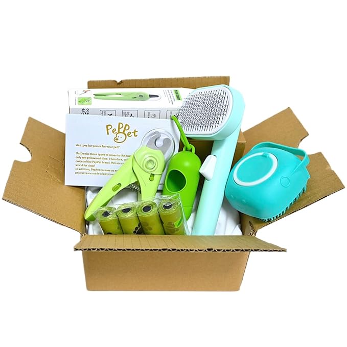 Dog cleaning and grooming 8-piece set, nail files with LED Light and Nail file, dog comb, cleaning brush, Bags Dispenser and trash waste bag, dog poop bags dispenser, grooming supply package