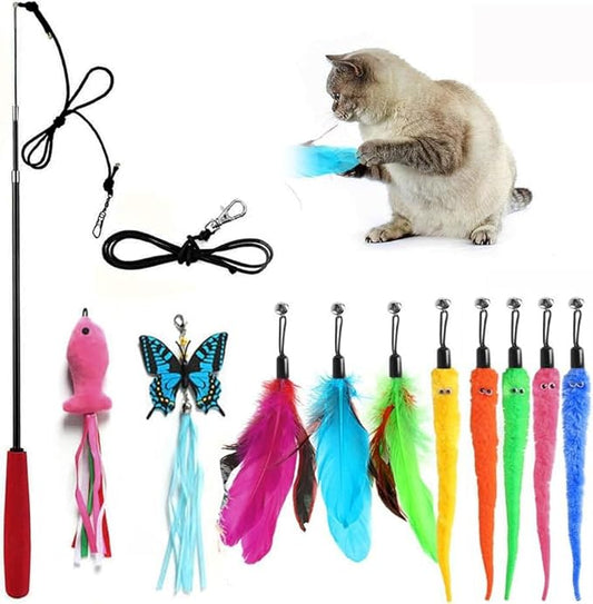Retractable Cat Toy Wand, 12 Packs Interactive Cat Feather Toys, 9 Assorted Teaser Refills with Bell for Kitten (Pink)