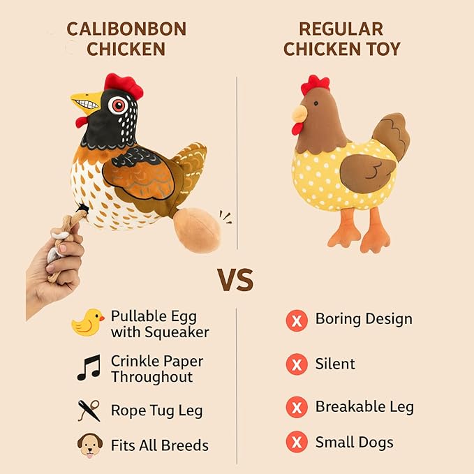 Squeaky Chicken Dog Toy with Pullable Egg – Full-Body Crinkle Plush & Rope Legs, Durable Interactive Toy for Small, Medium & Large Dogs
