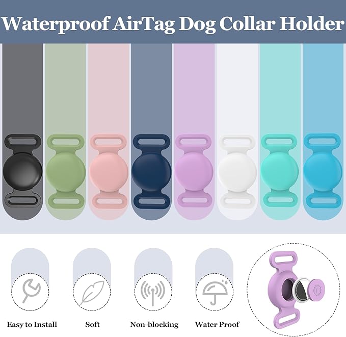 Waterproof Airtag Dog Collar Holder Compatible With Apple AirTag - Silicone Case for Pet GPS Tracker, Anti-Lost Holder for Cat (2 Pack, Pink & Blue)