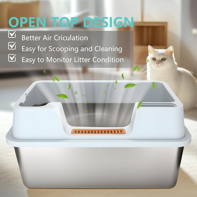 XL Stainless Steel Litter Box with Lid - 23.7"×15.7"×10.6" High Sided Metal Tray for Big/Multi-Cats, Anti-Leak Easy Clean Scoop & Foot Mat (Blue)