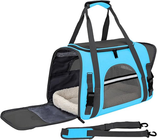 Expandable Cat Carrier for Travel, Soft-Sided Pet Carrier for Cats and Small Dogs, Airline Approved, Comfortable & Breathable Cat Carrying Bag with Adjustable Strap for Daily Use & Airplane(Blue)