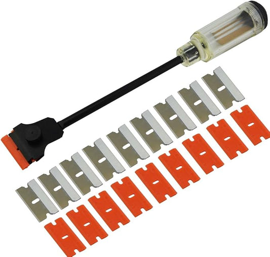 FOSHIO 12" Long Reach Extension Scraper Long Razor-blade Scraper Extra Long Sticker Scraper with 10PCS Double Edged Plastic Razor Scraper Blades and 10PCS Carbon Steel Razor Scraper Blades