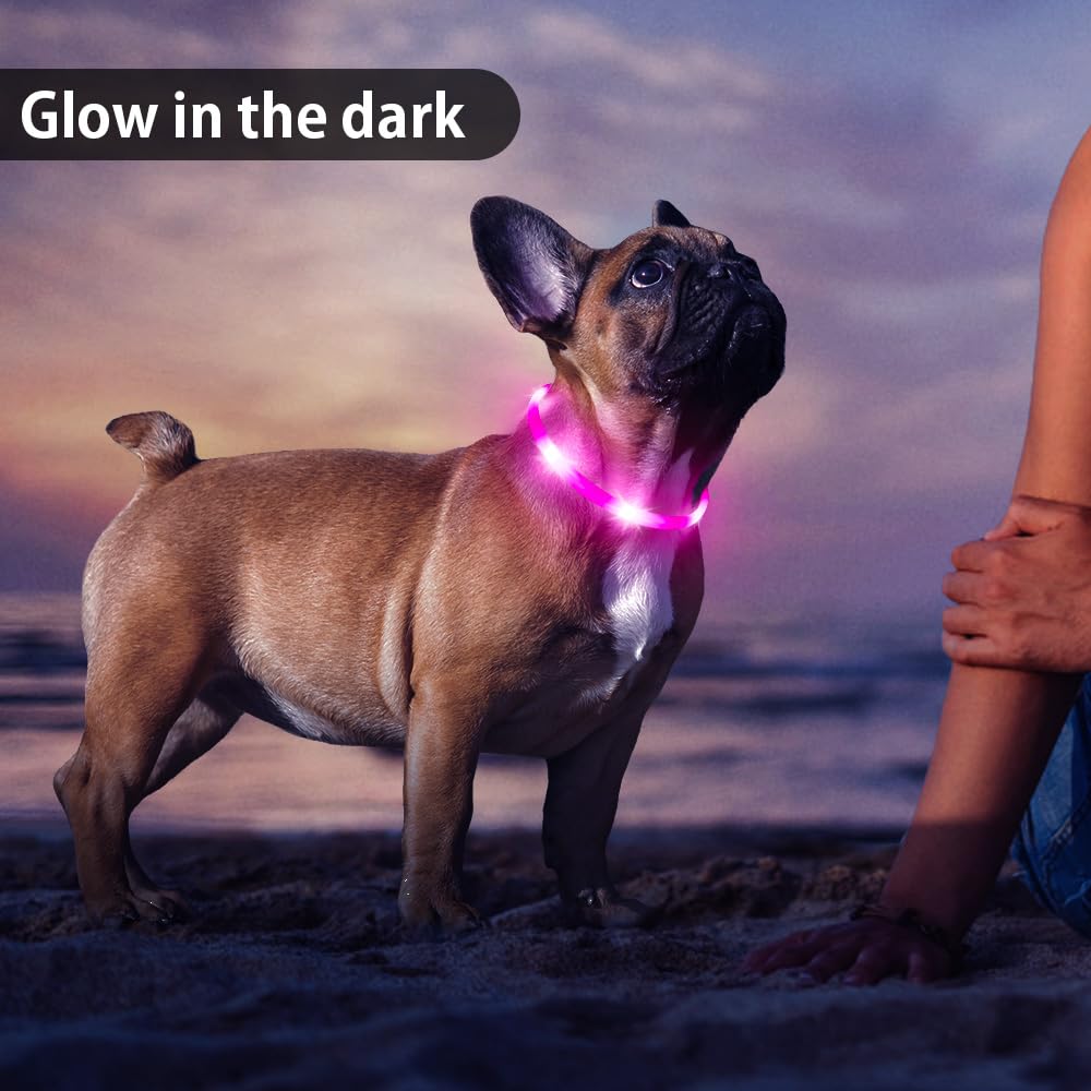 BSEEN Light Up Dog Collar, Silicone LED Dog Collar Rechargeable Glowing Puppy Collar Safety Dog Lights for Night Walking (Pink-XS 40cm)