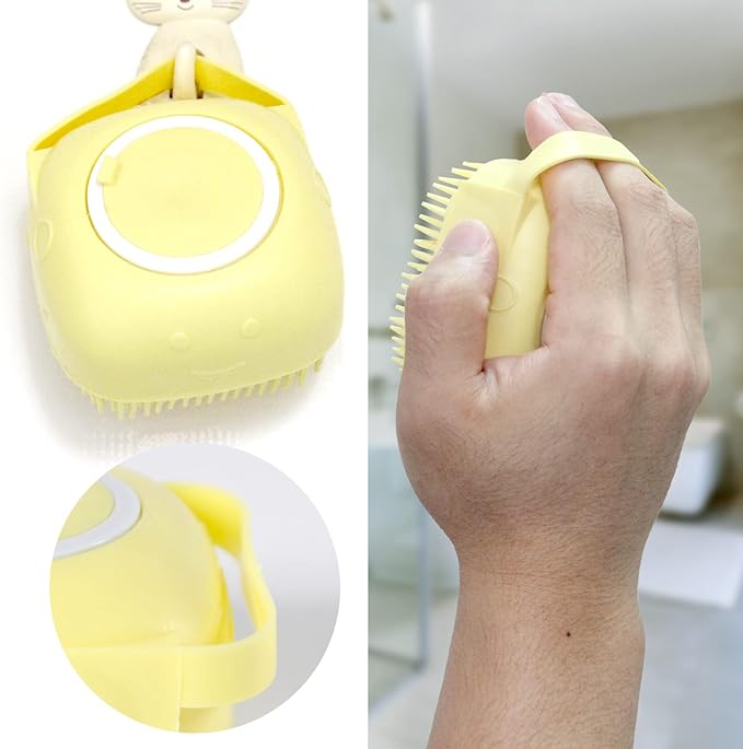 Pet Bath Brush Dog Bath Brush Shampoo Dispenser Soft Silicone Dog Bathing Brush Dog Shampoo Brush scrubbers for Cats and Dog Shower Brush Grooming (Yellow)