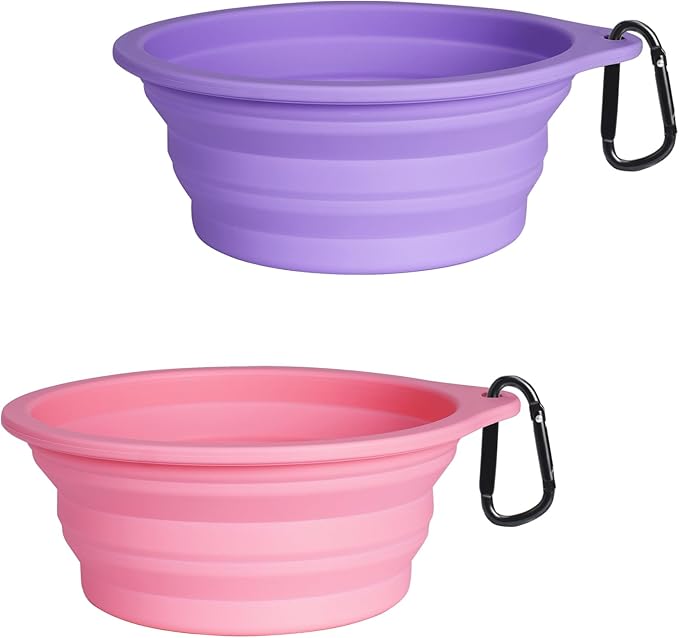 PetBonus 2-Pack Silicone Collapsible Dog Bowls, BPA Free Dishwasher Safe, Portable Foldable Expandable Travel Bowl, Food Water Feeding Cup Dish for Dogs Cats with 2 Carabiners (Purple, Pink)