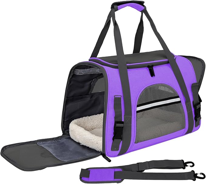 Expandable Cat Carrier for Travel, Soft-Sided Pet Carrier for Cats and Small Dogs, Airline Approved, Comfortable & Breathable Cat Carrying Bag with Adjustable Strap for Daily Use & Airplane(Purple)