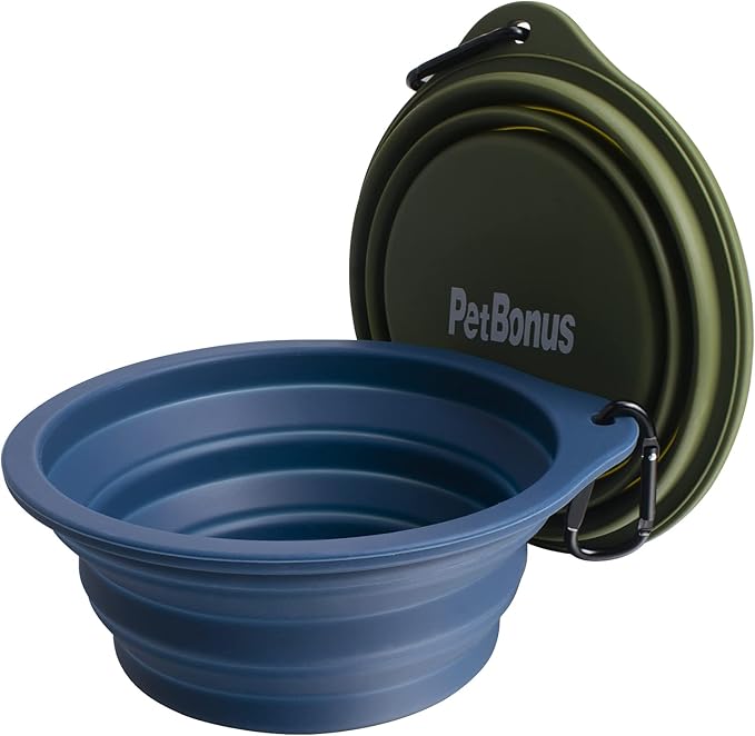 PetBonus 2-Pack Silicone Collapsible Dog Bowls, BPA Free Dishwasher Safe, Portable Foldable Expandable Travel Bowl, Food Water Feeding Cup Dish for Dogs Cats with 2 Carabiners (Army Green, Navy Blue)