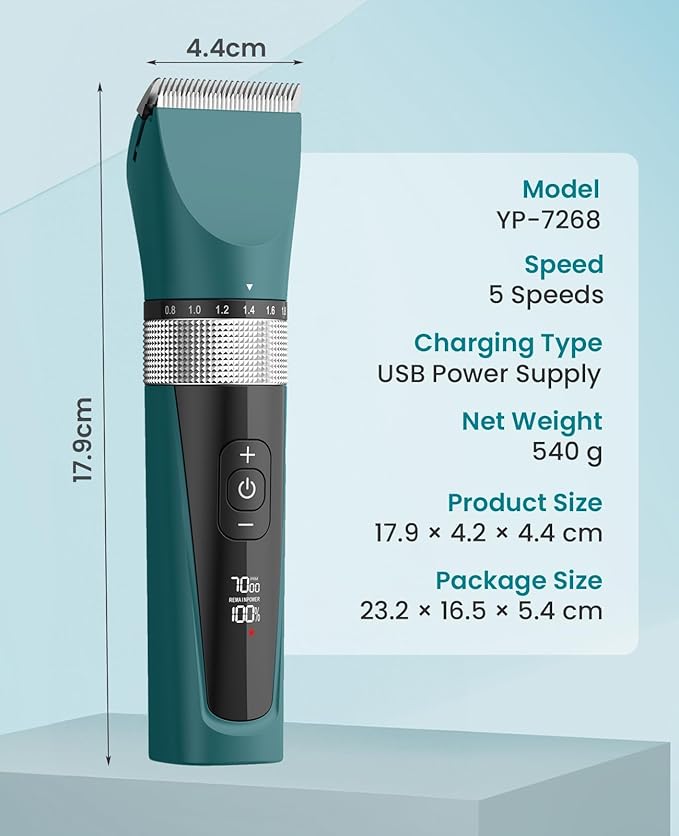 oneisall Cat Clippers for Matted Hair, 5-Speed Quiet Cat Grooming kit, Cordless Pet Shaver for Long Hair,Waterproof Pet Hair Trimmer, Pet Clippers for Cats(Green)