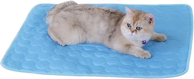 Wontee Dog Cooling Mat Pet Ice Silk Pad Washable Summer Sleeping Bed for Crate, Bed, Sofa, Indoor & Outdoor Floor, Car Seats (Blue + Grey, S)