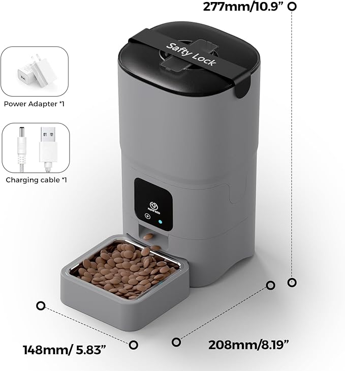 PAPIFEED Automatic Cat Feeder Upgrade, Smart Cat Feeder 6L - APP/Alexa Control, Dual Power Supply, Anti-Chewing Cord, Stainless Steel Bowl, Anti-Chewing Design for Cats and Small/Medium Dogs (Gray)