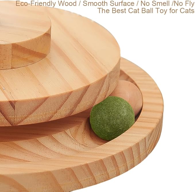 Marchul Cat Ball Toy with Treat Ball, KittenTreat Dispenser Toy with Roller Track Catnip Balls, Interactive Cat Toys Wooden for Indoor Kitten, Food Toy with Automatic Slow Feeder