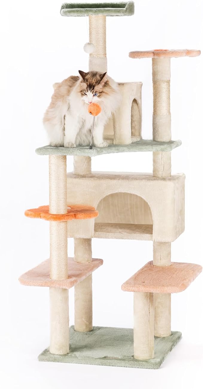 HYABi 59 Inch Flower Cat Tree Tower - Multi-Level Cat Condo with Plush Scratching Posts, Toy Balls, and Pet House, Indoor Play Platform for Large Adult Cats, Stylish Color Design