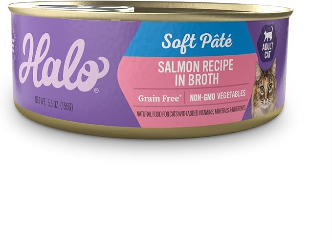 Halo Wet Cat Food Whole Salmon Stew Recipe, Grain Free Wet Cat Pate, Canned Cat Food for Extra Hydration, 5.5 Oz Can (Pack of 12)