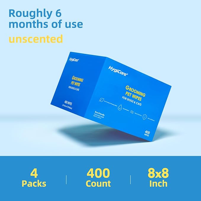 Pet Grooming Wipes for Dogs & Cats, 400 Count, 8"x8" Ultra Thick & Soft, Unscented, Hypoallergenic Formula, Safe on Coat, Paws, Ears, Bum & Sensitive Skin