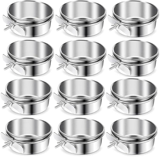 12 Pcs Stainless Steel Bird Food Bowls, 10 oz Bird Water Bowls with Clamp Holders, Parrot Cage Coop Feeders for Cockatiel Conure Budgie Parakeet Macaw (12PC-10oz Stainless Steel Bowl)