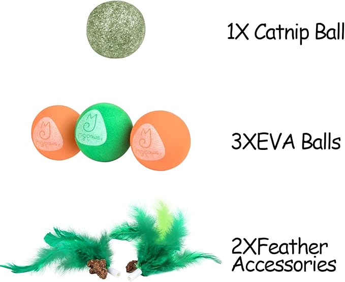 Migipaws Paw Palace Replacements,3 EVA Balls,1 Catnip Ball,2 Coconut Tree Teaser Pole Feather Accessories,Cat Ball Toys