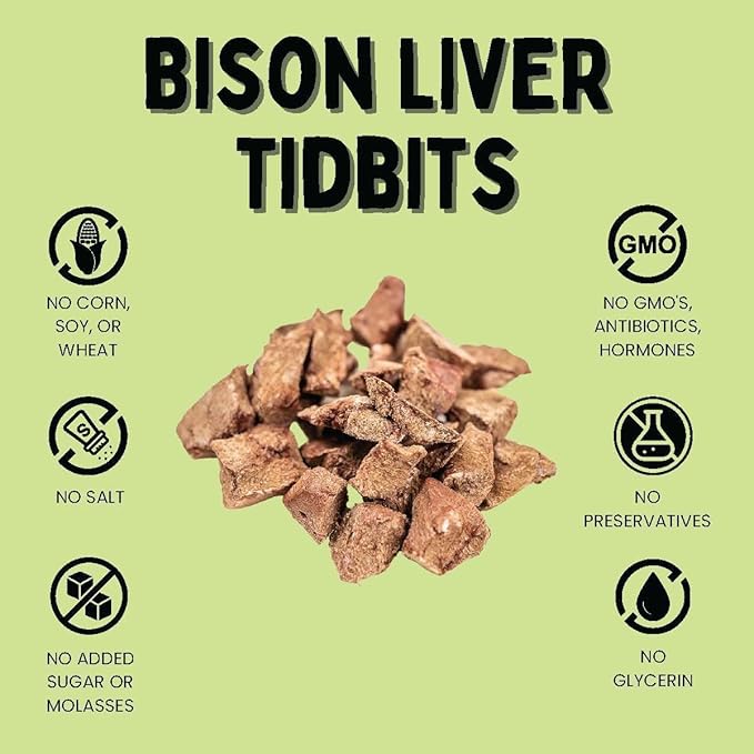 Freeze Dried Bison Liver Tidbits - Single Ingredient, Human-Grade, No Artificial Flavors or Fillers, Perfect for Training (Pack of 2)