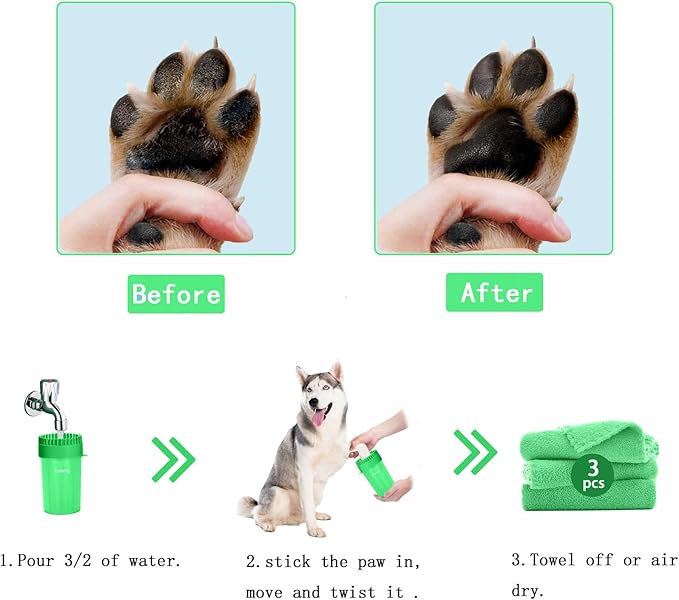 Dog Paw Cleaner for Meduim/Small Breed Dogs with 3Pcs Absorbent Towels & Graspable Dog Bath Brush (Green, Medium)