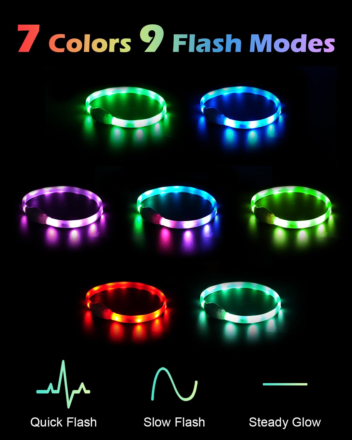 Joytale Light Up Dog Collar, Rainproof and Rechargeable LED, 9 Flashing Modes, Glow for Night Walking, Cuttable Soft Silicone Collar for Large Medium Small Dogs, 27.5 Inch