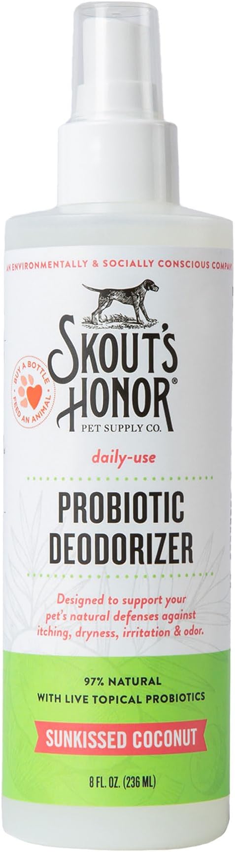 SKOUT'S HONOR Probiotic Pet Deodorizer Spray- Hydrating Daily-Use with Avocado Oil & Omega-3s, Microbiome Friendly Certiified, Paraben & Sulfate-Free, 97% Natural, 8oz, Sunkissed Coconut