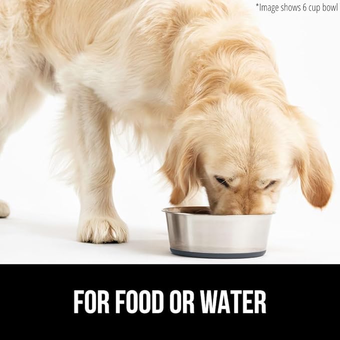 GORILLA GRIP Stainless Steel Metal Dog Bowl, Rubber Base, Heavy Duty Feeding Dish, Food Grade BPA Free, Less Sliding on Floors, Quiet Pet Bowl for Cats and Dogs, Holds 4 Cups (32 fl oz), Gray