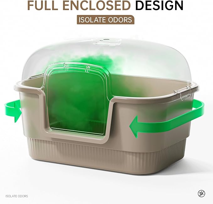 Cat Litter Box with Litter Mat and Scoop,High Wall Enclosed Cat Litter Boxes for Anti-Leakage, Covered Kitty Litter Box with Handle and Buckles for Portability and Privacy, Odor Control (Brown)