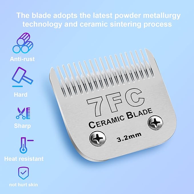 2 Pack Detachable Pet Dog Grooming Clipper Ceramic Blades,Compatible with Andis Size-7FC Cut Length 1/8"(3.2mm),Compatible with Oster A5 Wahl KM10 Series Clippers