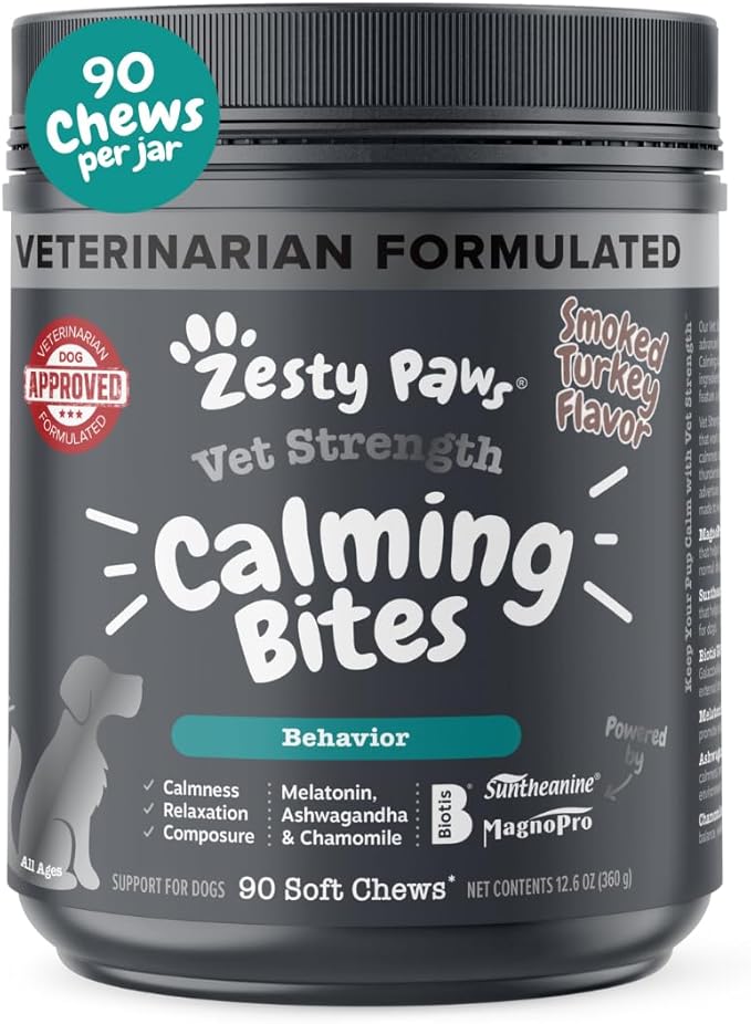 Zesty Paws Vet Strength Calming Chews for Dogs - for Everyday Stress, Relaxation, Composure, and Separation Smoked Turkey 90 Count