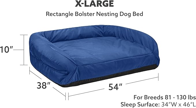 K9 Ballistics Tough Bolster Nesting Pillow XX-Large Sofa Dog Bed with Removable Washable Cover - Durable, Water Resistant with Nonskid Bottom 68"x40", Blue Quartz
