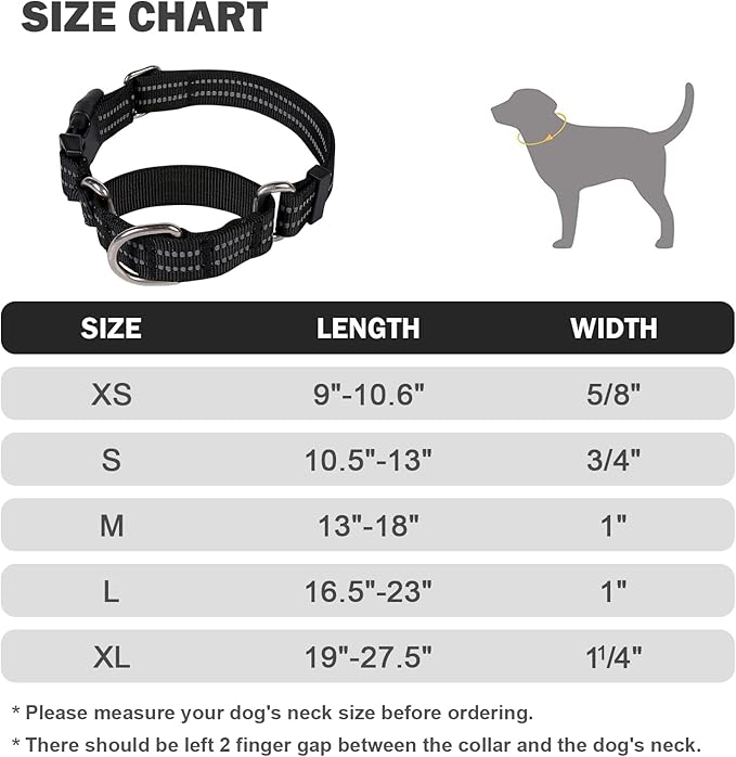Hikiko Martingale Collar for Dogs Reflective Nylon Dog Collar with Quick Release Buckle Adjustable Training No Slip Dog Collars (Medium, Black)