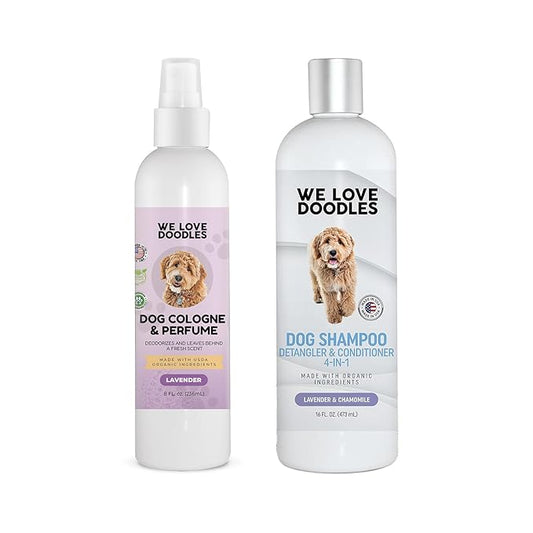 We Love Doodles Dog Cologne & Perfume and 4-in-1 Dog Shampoo, Conditioner & Detangler (Lavender) Bundle - Deodorant For Smelly Dogs & Shampoo for Goldendoodles, Poodles & Doodles Kit - Made In USA