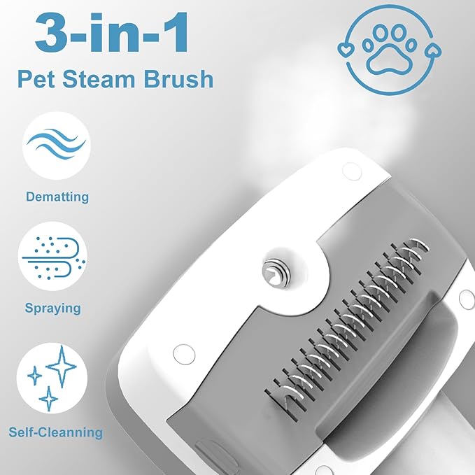 3 in 1 Pet Steam Brush for Dogs & Cats – Self Cleaning, Hair Removal Comb Steam for Shedding & Dematting for Long & Short Haired Pets,Includes Pet Enssence