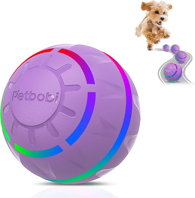 Petbobi Active Rolling Ball for Dogs - 2025 New Upgrade 2 Modes Interactive Dog Toys, USB Rechargeable Motion Activated Self Moving, Durable Pet Ball for Small Medium Large Breeds, LED Light, Purple
