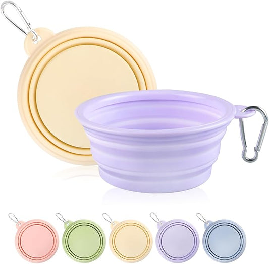 Collapsible Dog Bowls 2-Pack, Portable Travel Dog Bowl with Carabiner, Food-Grade Silicone Pet Bowl for Hiking, Walking (Macaron Yellow and Violet)