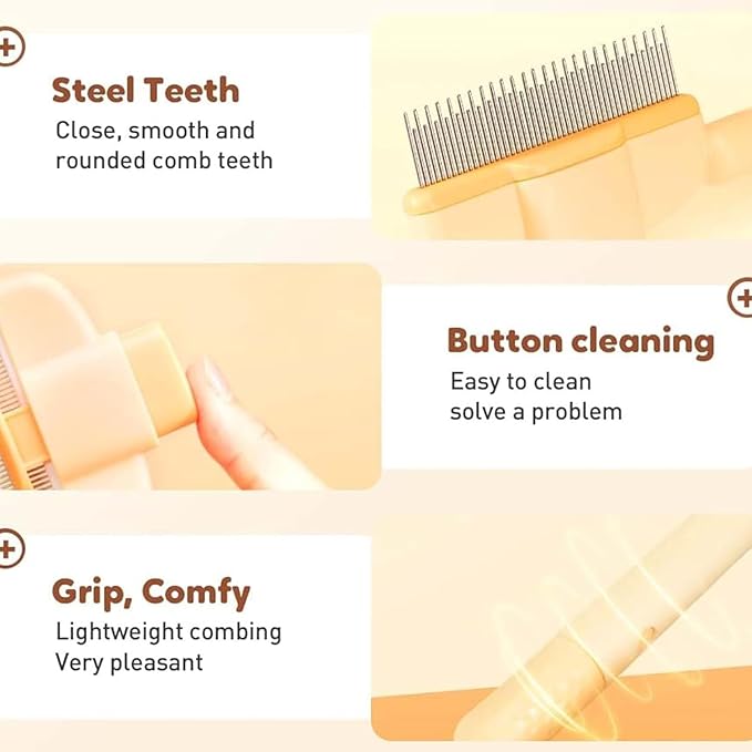 Brush For Cats 2pcs Pet Cats Dogs Brush Comb Flea Comb, With Long & Short Stainless Steel Metal Teeth Cat Combs for Indoor,for Shedding And Tangles, Self-Cleaning Pet Comb Comfort And Safety (4)