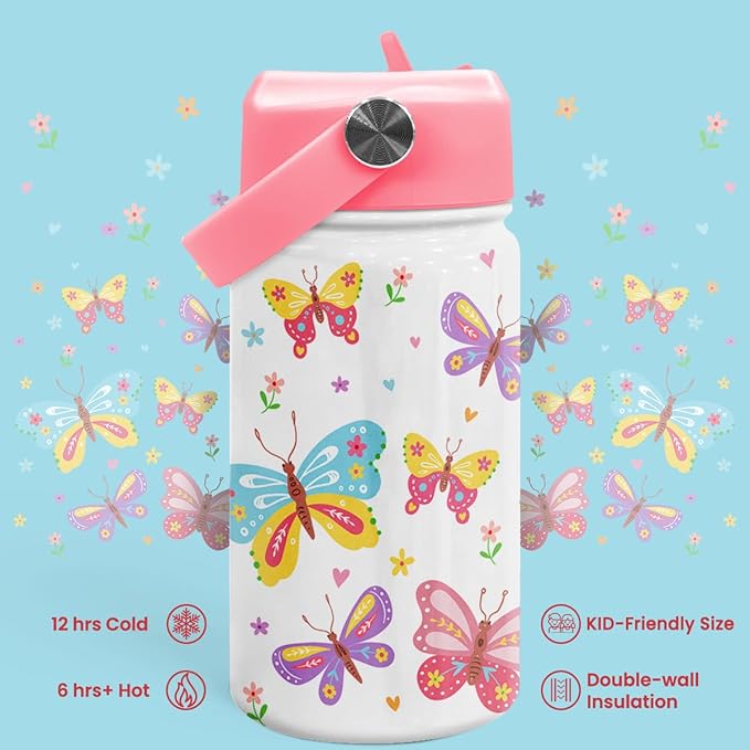 Kids Water Bottle with Straw Lid - 12 Oz Insulated Stainless Steel Water Bottles for Kid Girl- Travel Cup for School Sports