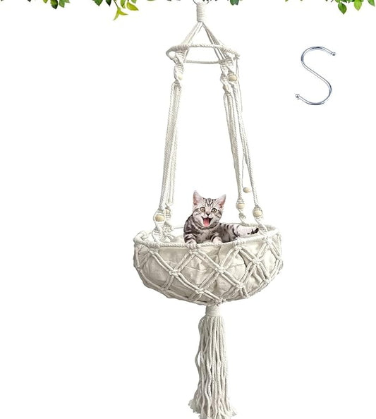 kathson Macrame Cat Hammock with Cushion,Handwoven Cats Bed,Hanging Indoor Boho Kitten Swing Beds for Playing Sleeping Climbing and Lounging(XL)